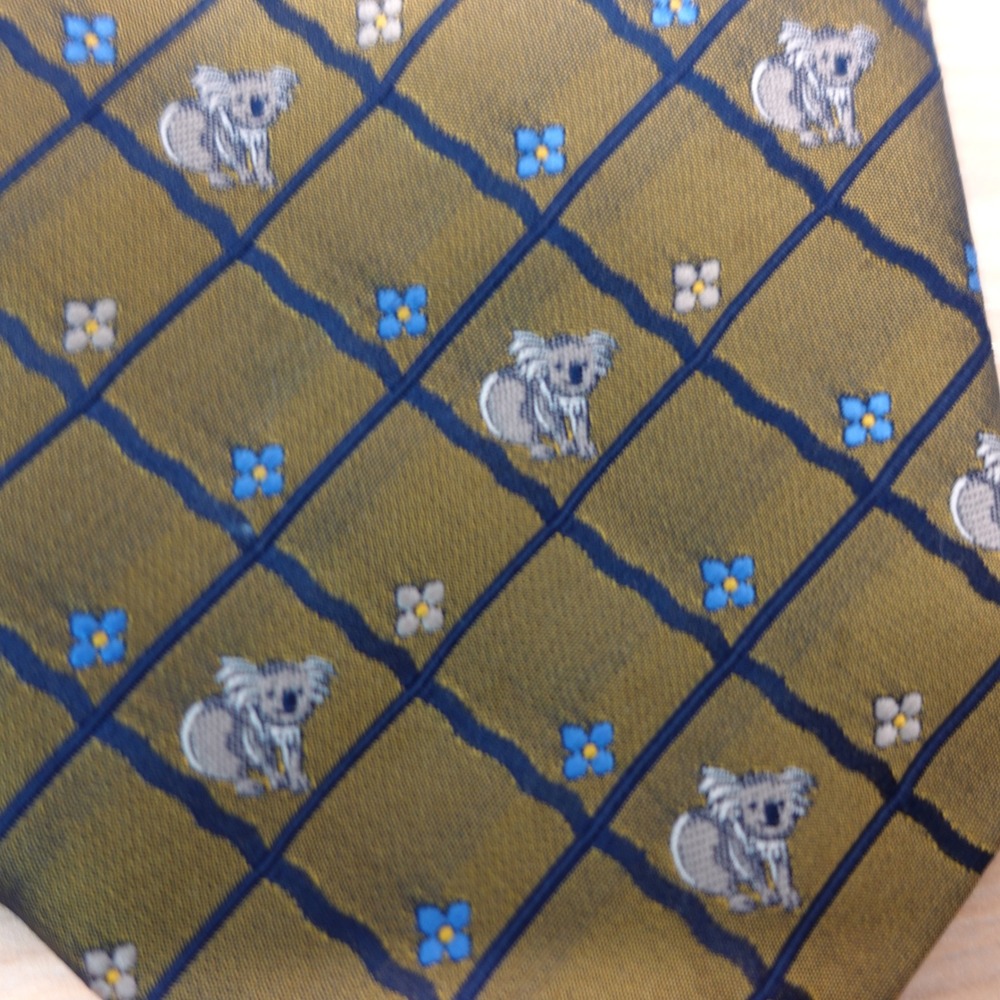 Koala Green Neck Tie Mens Olive Grid Lattice Florette Bear JOHN LOIS Australia - Picture 7 of 12